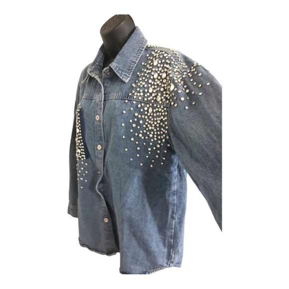 Beautiful denim crystal rhinestones studded‎ button down shirt size medium new - Picture 13 of 16